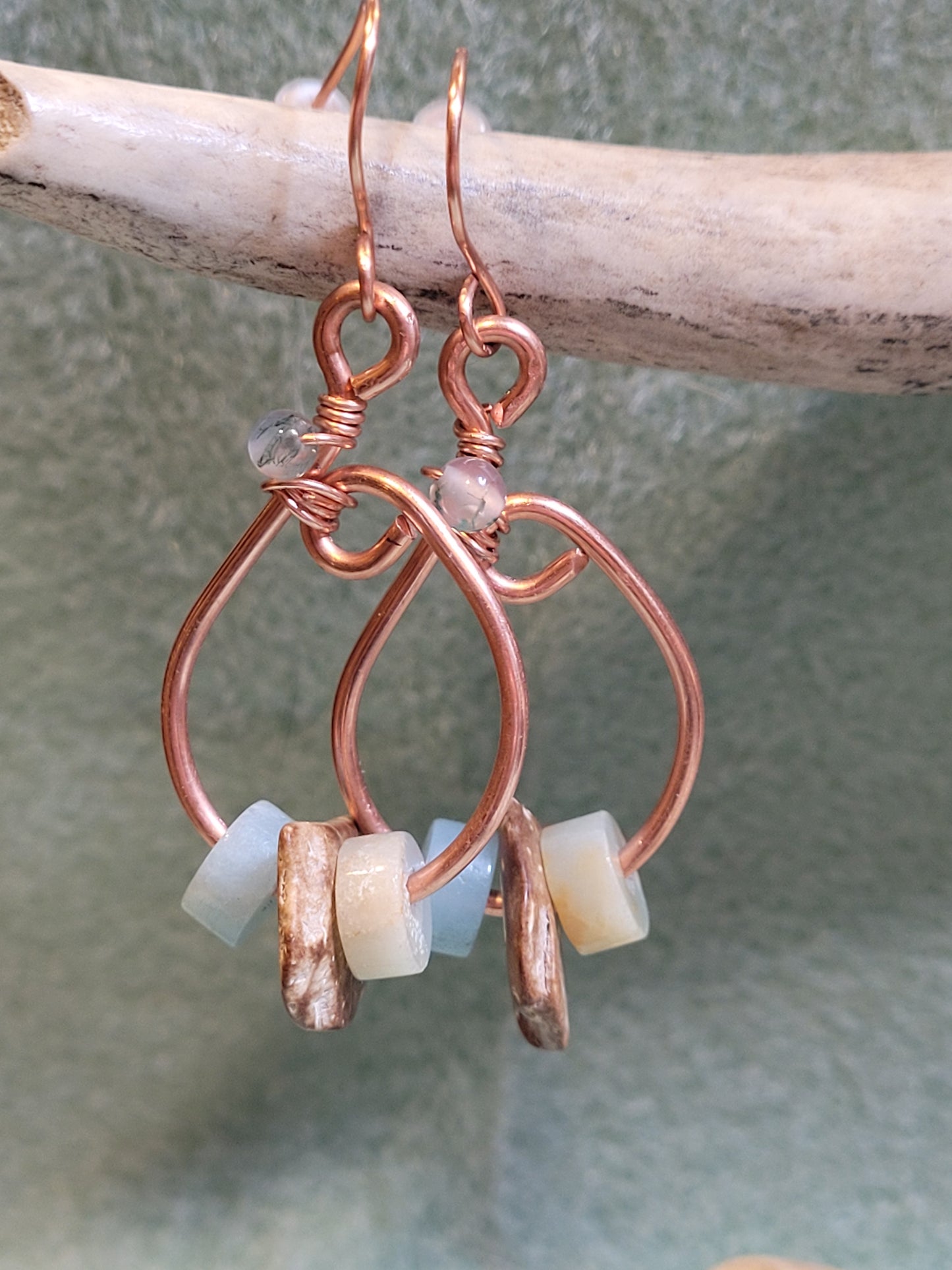 Handcrafted Copper Earrings with Labrodite and Coconut shell.