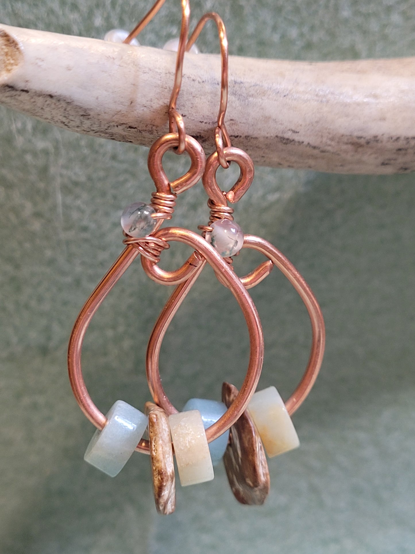 Handcrafted Copper Earrings with Labrodite and Coconut shell.