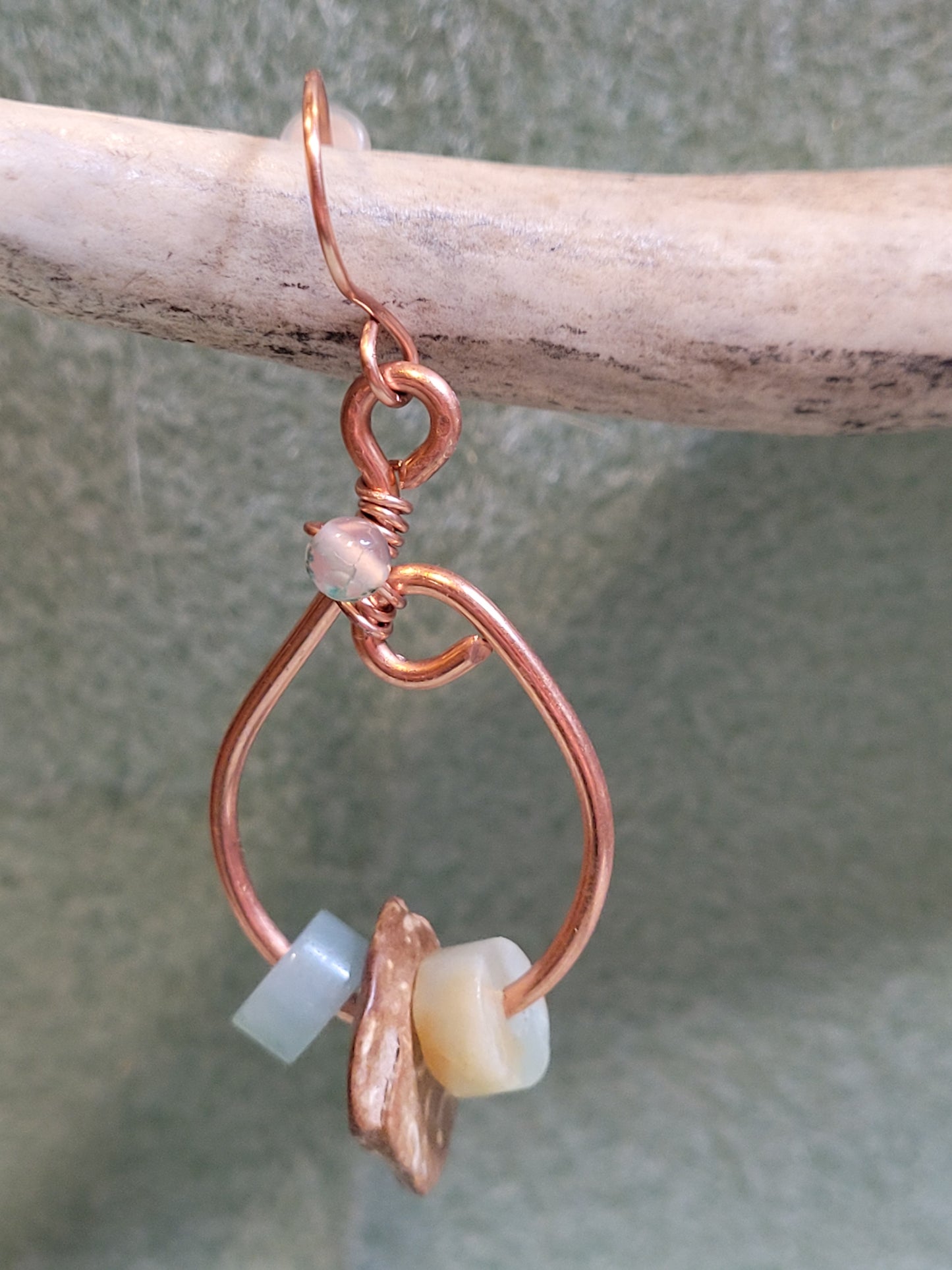 Handcrafted Copper Earrings with Labrodite and Coconut shell.