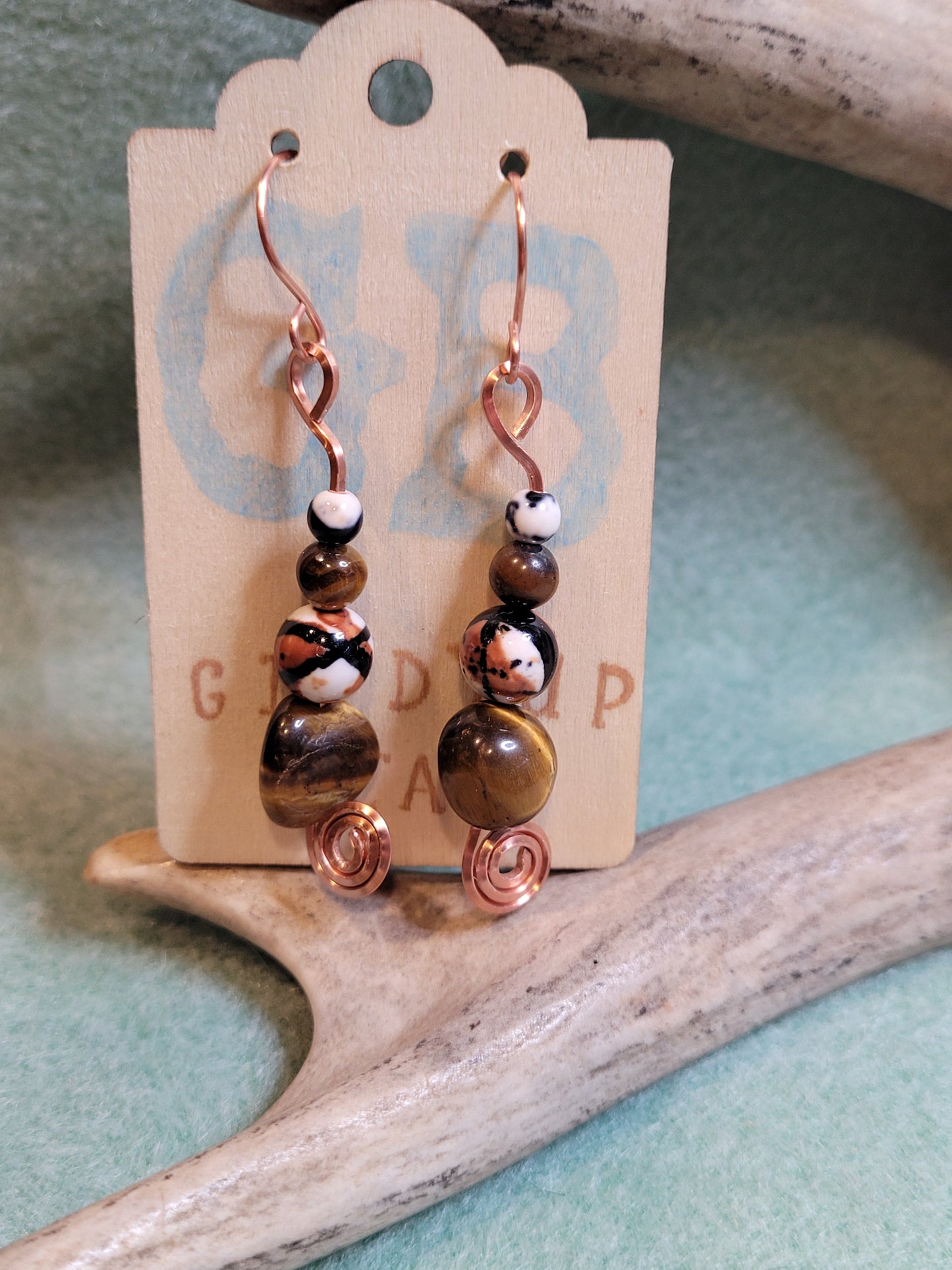 Handcrafted Copper earrings with Tiger Eye and Granite