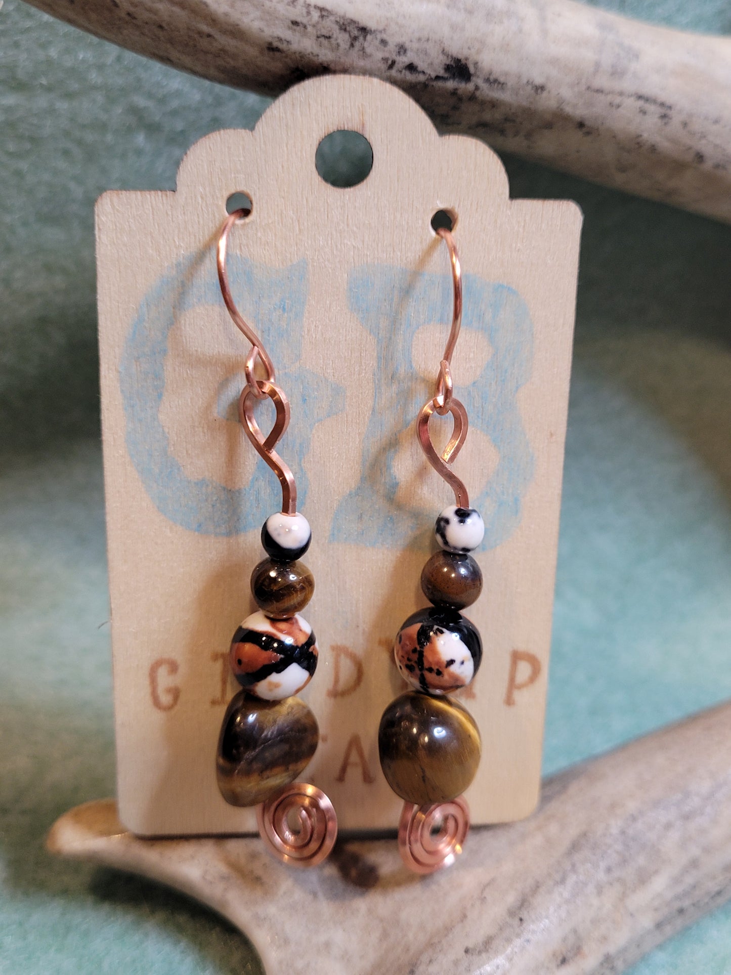 Handcrafted Copper earrings with Tiger Eye and Granite